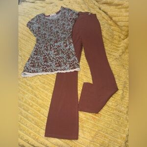 Girls, Boho Outfit, Floral Top And Flared Leggings, Brown And Blue 14/16